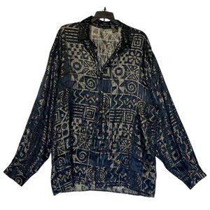 JOEY RICHI Black Gold Metallic Semi-Sheer Silk Rayon Button Up Shirt